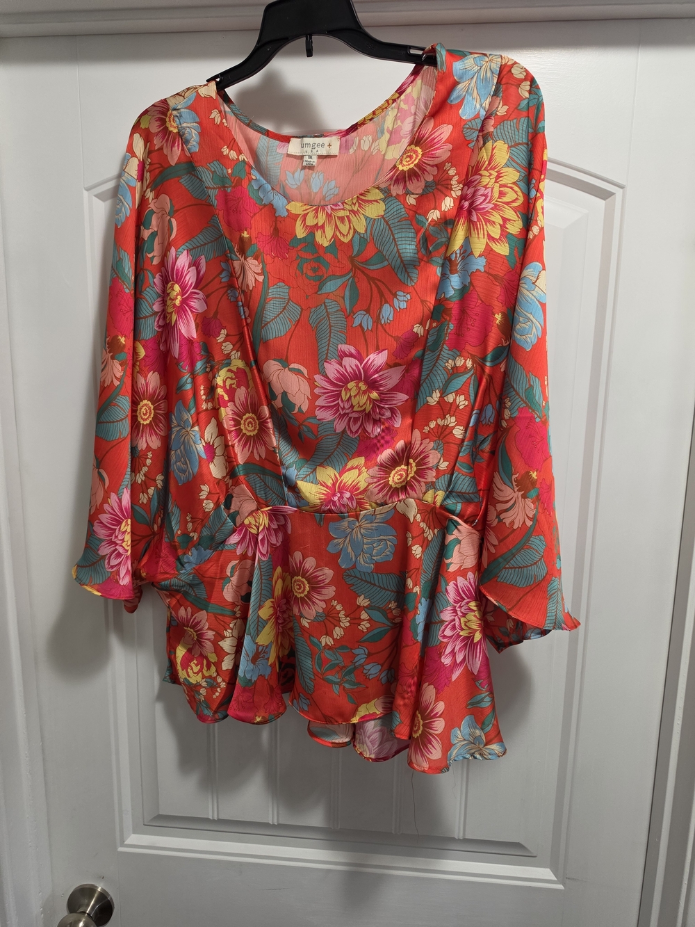 Umgee Coral Floral Peplum Blouse with Multicolor Blooms